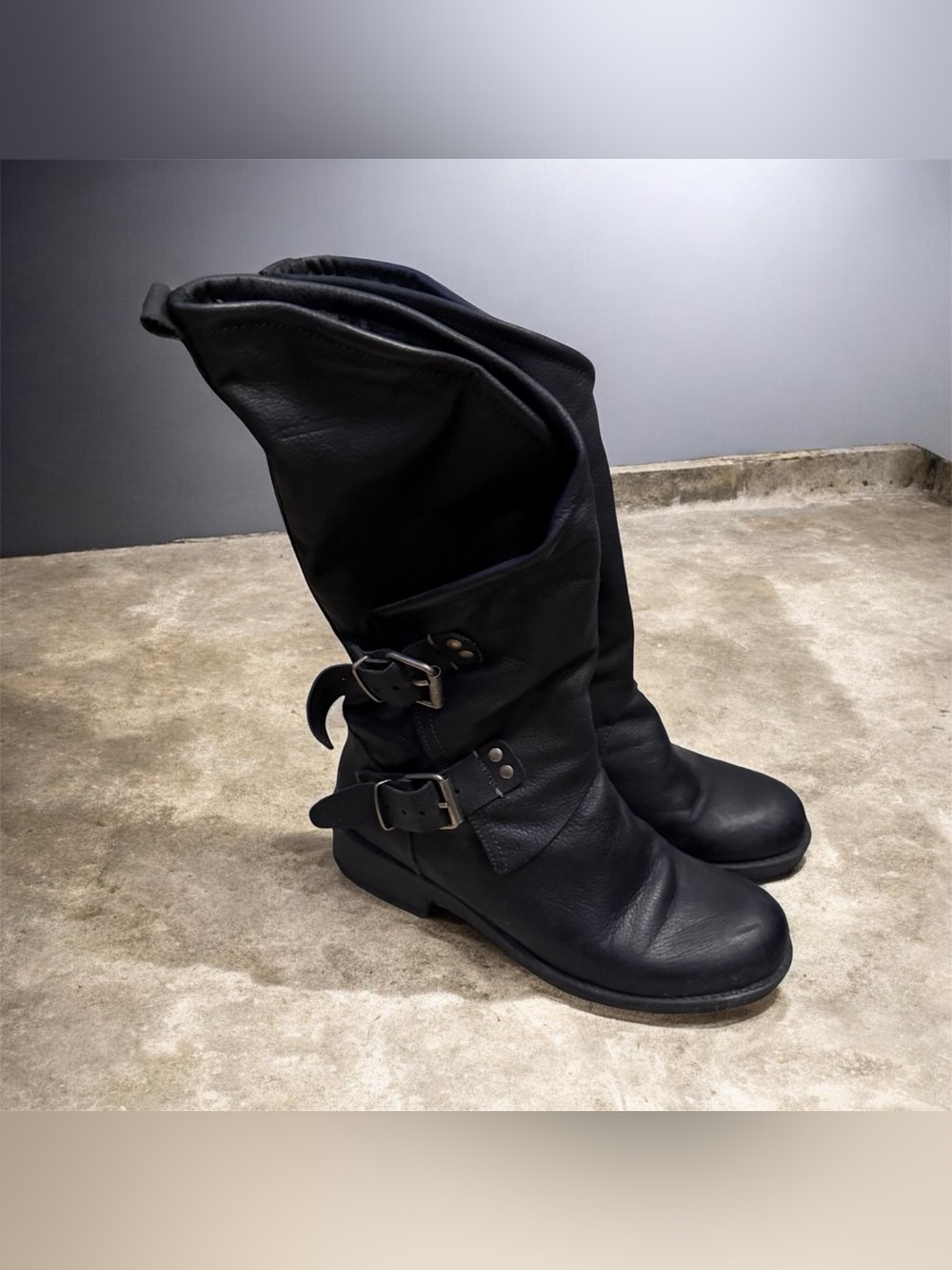 Black Leather Buckle Mid-Calf Boots - Women